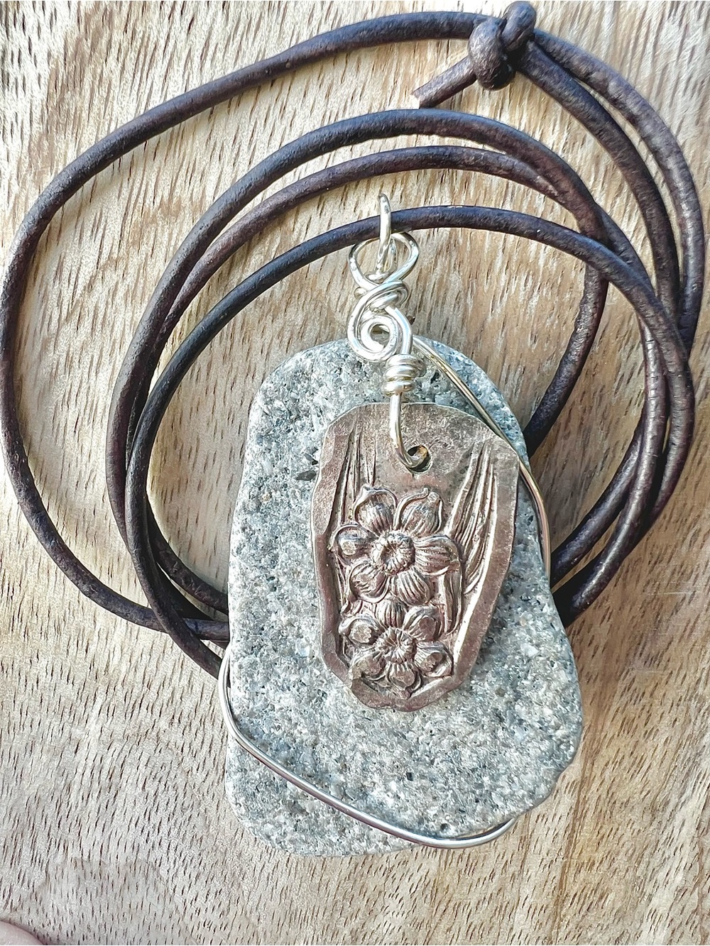 Handmade Wrapped Beach Stone & Vintage Silverware Necklace Adjustable Leather